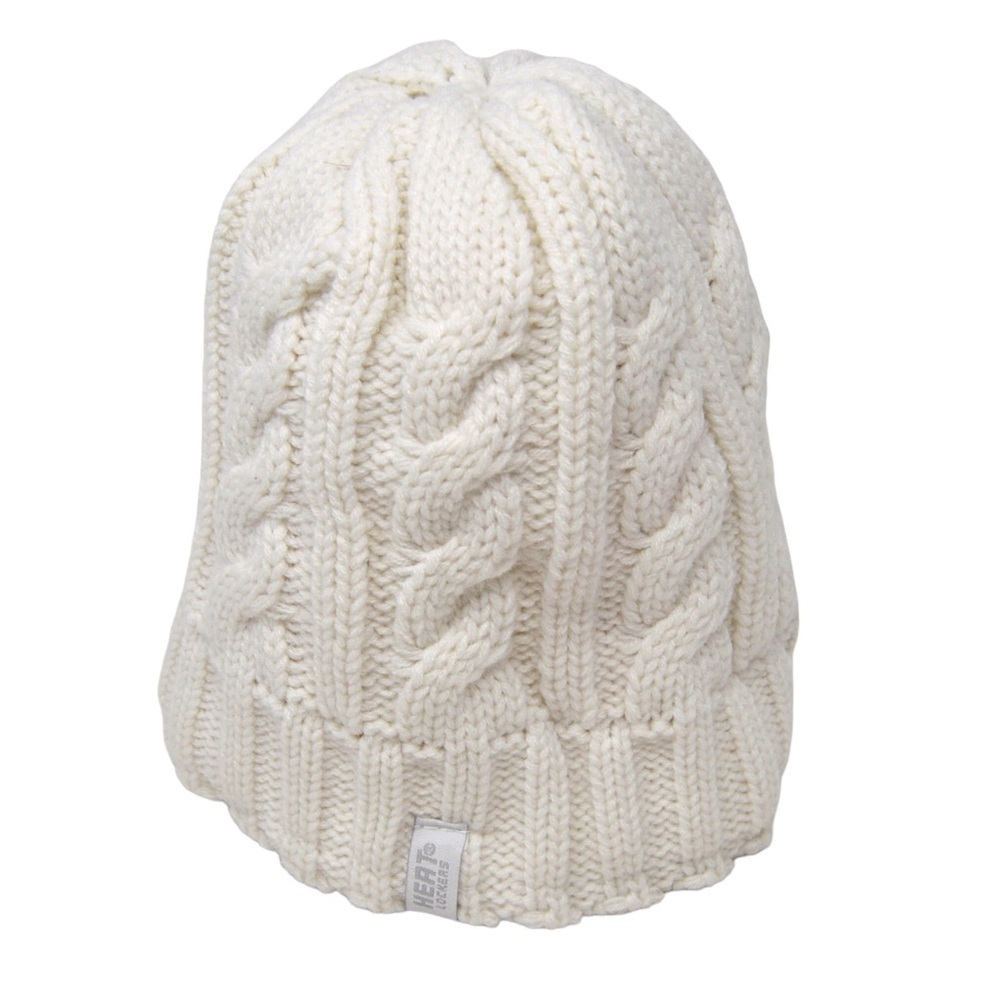 Heat Lockers Creamy‎ White Cable-knit Faux Fur Lined Beanie Hat